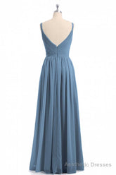 Simple Dusty Blue V-Neck Backless A-Line Long Bridesmaid Dress